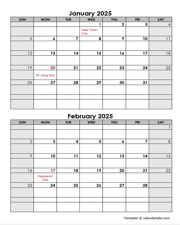 2025 2 Months Calendar Template Free Printable Templates