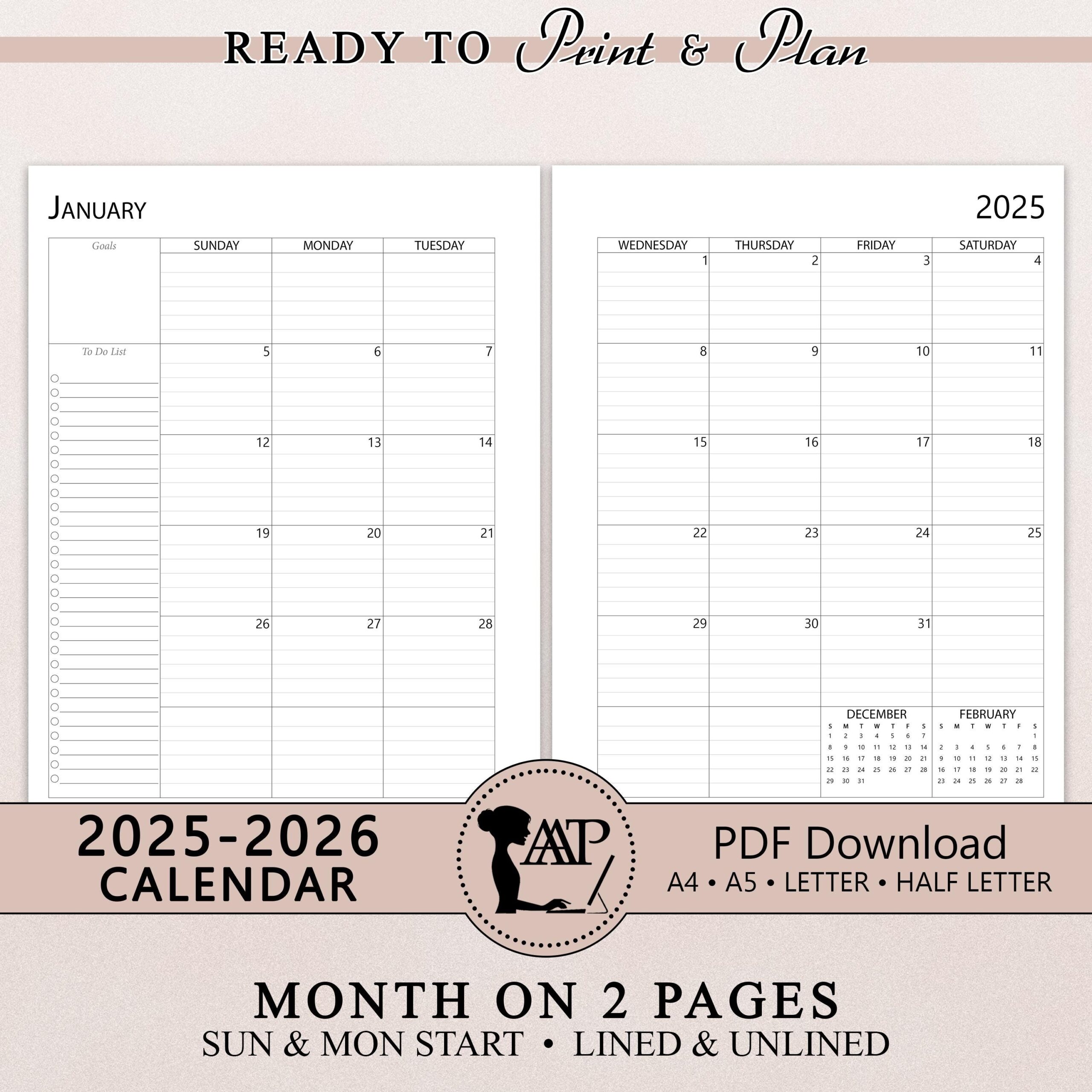 2025 2026 Monthly Calendar Printable Two 2 Page Lined Unlined 