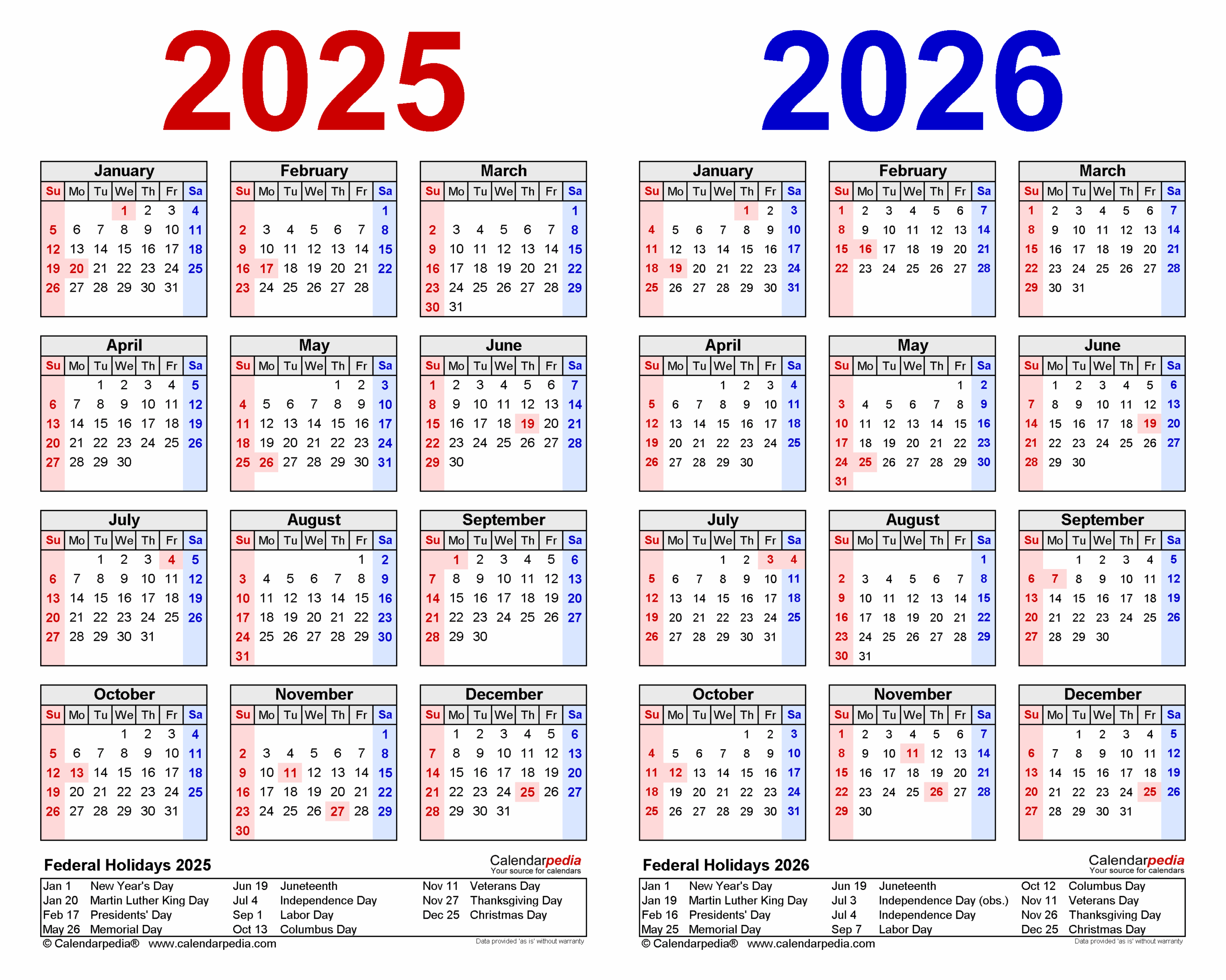 2025 And 2026 Calendar With Holidays Printable Free