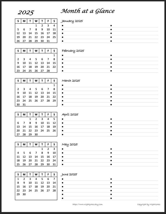 2025 6 month At A Glance Minimalist Calendar 8 5x11 Instant 