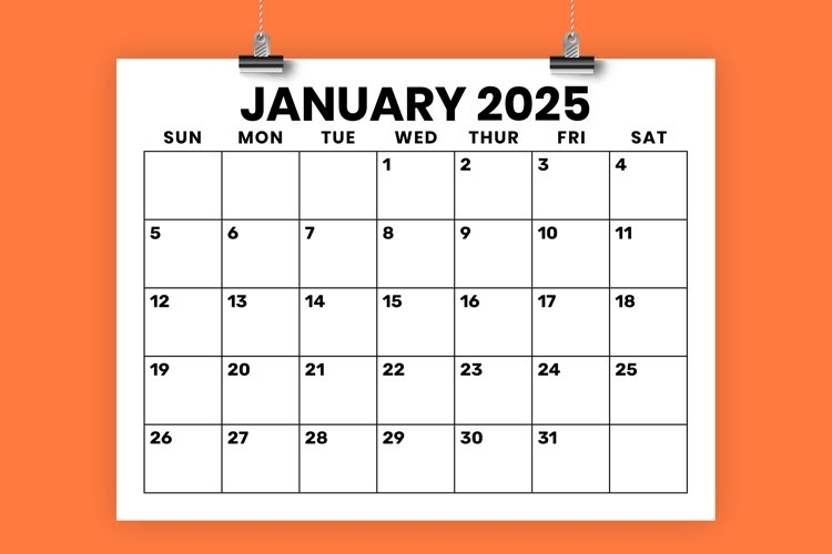 2025 8 5 X 11 Inch Large Number Calendar Template