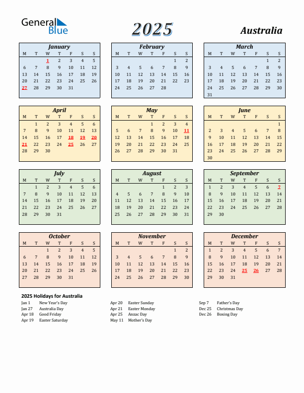 2025 Australia Calendar With Holidays
