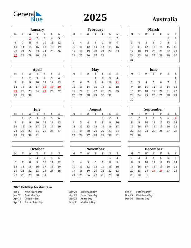 Free Printable 2025 Calendar Australia Monthly