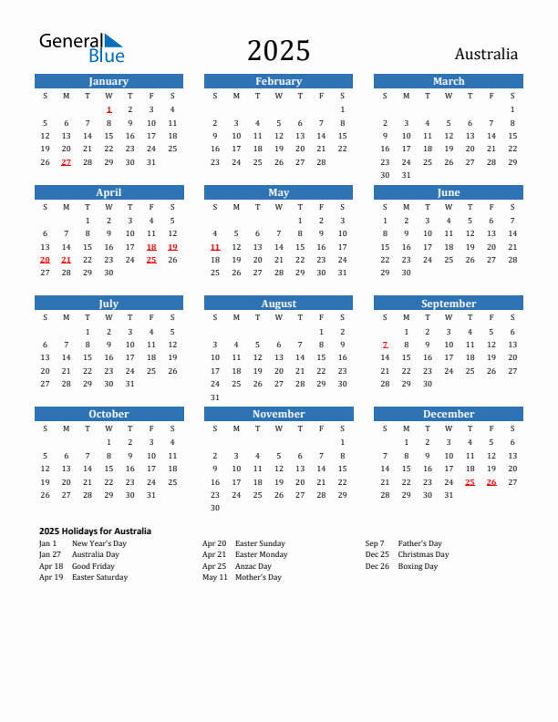 2025 Australia Calendar With Holidays