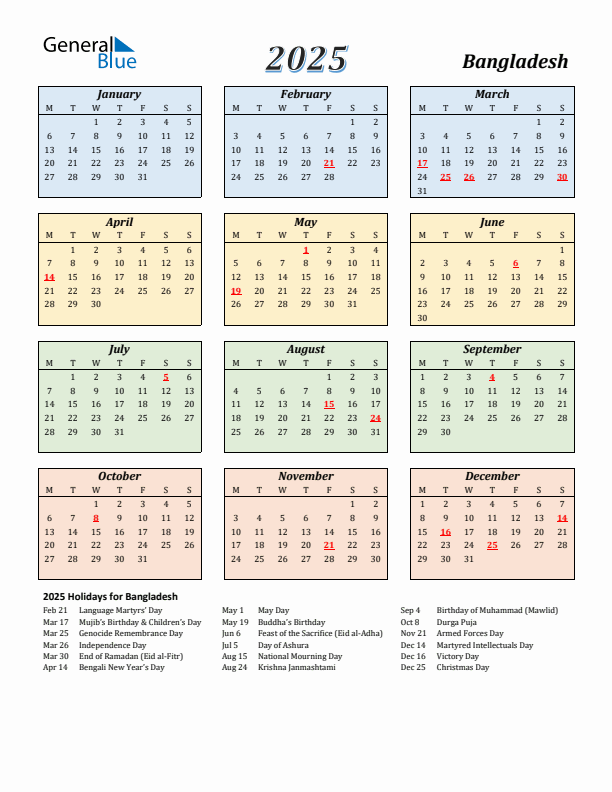 2025 Bangladesh Calendar With Monday Start