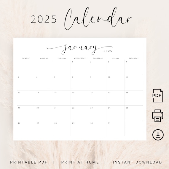 2025 Calendar 2025 Monthly Planner Landscape Elegant Monthly Calendar Sunday U0026 Monday Start 2025 A4 Letter Size Wall Calendar PRINTABLE PDF Etsy