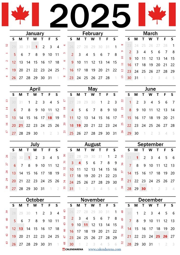2025 Calendar Canada Printable Free