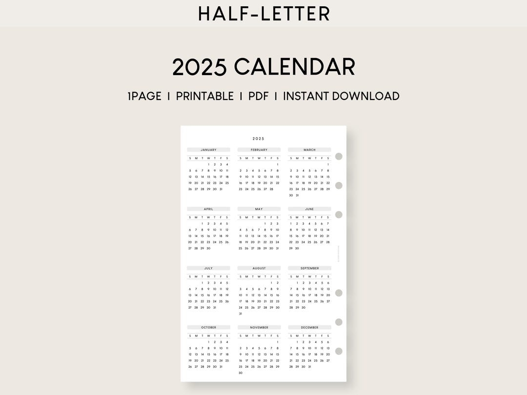 2025 Calendar Half letter Printable Template Dated Annual Overview Sunday Monday Start Page Yo1p Minimal Yearly Planner Insert Etsy