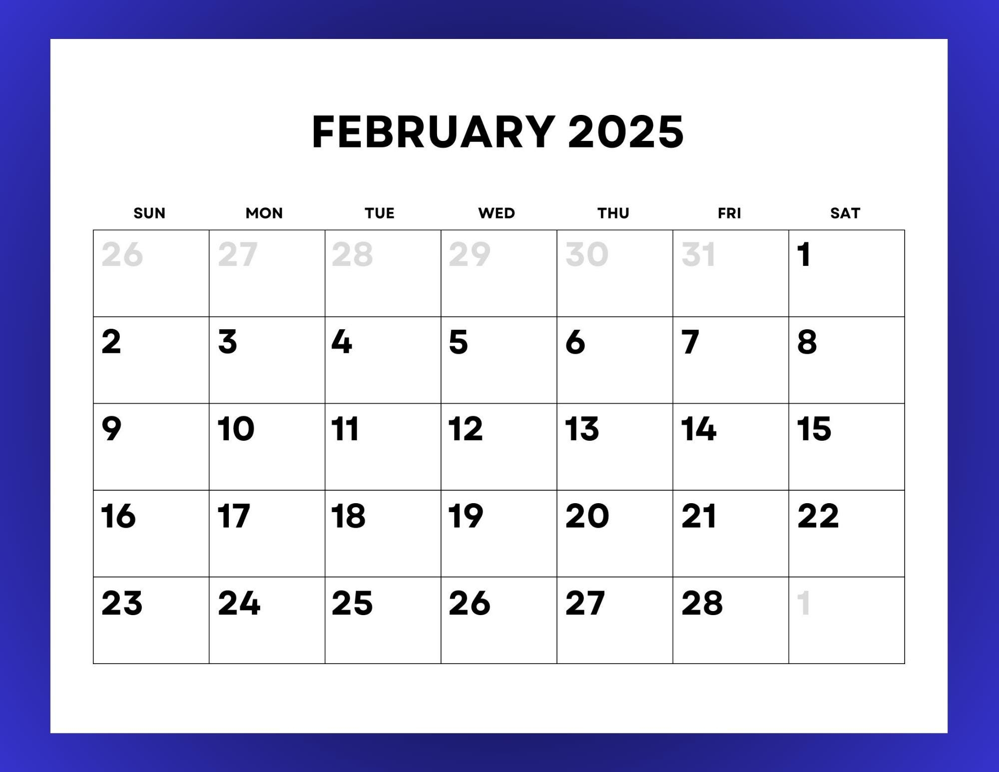 2025 Calendar Monthly Printable With Large Numbers Etsy