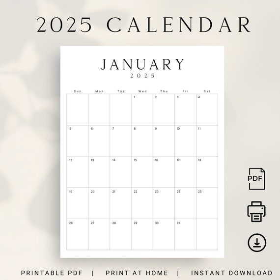 2025 Calendar Printable 2025 Monthly Planner Portrait 2025 LUXE Monthly Calendar Vertical A4 Letter Size Sunday U0026 Monday Start Calendar PDF Etsy