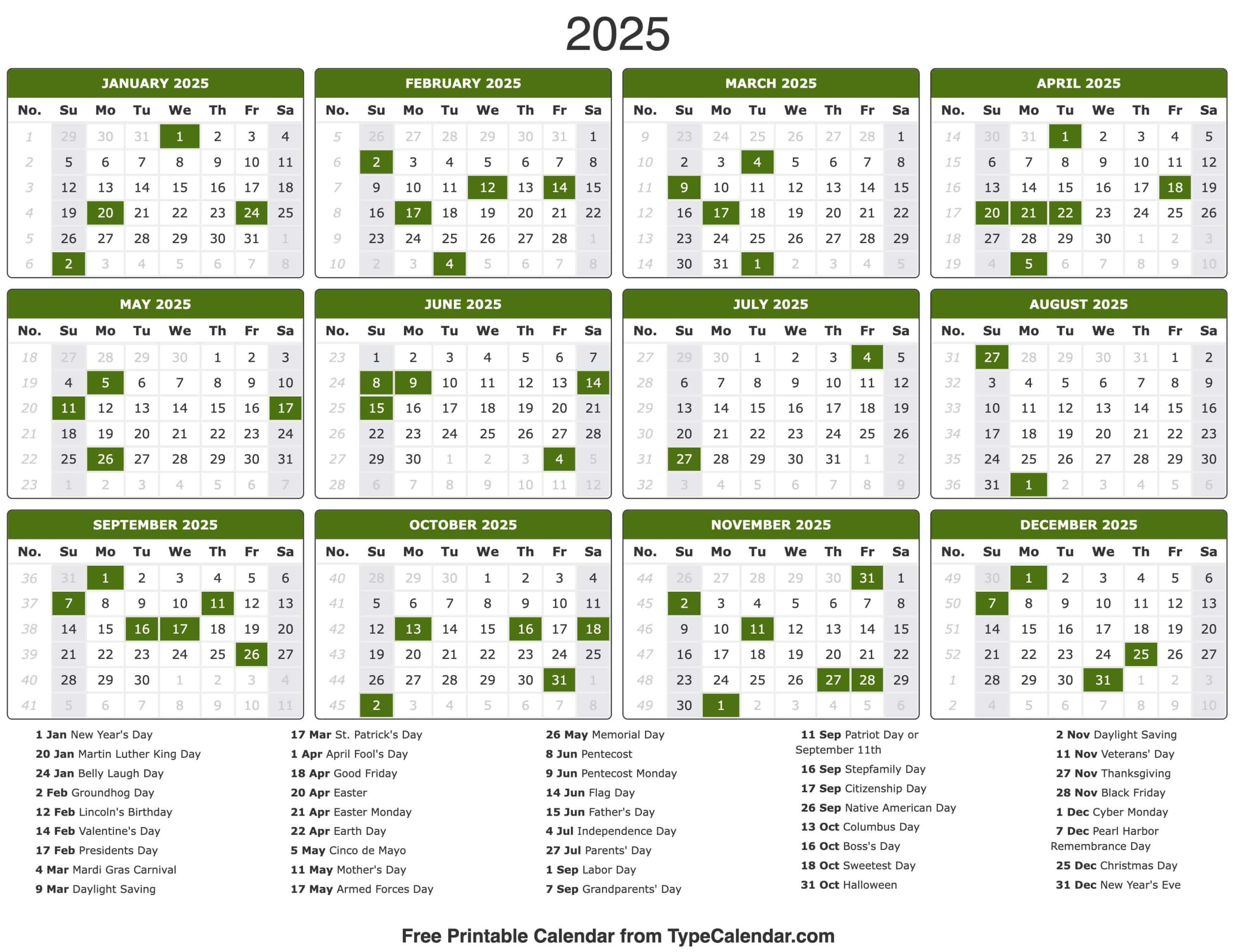 2025 Printable Calendar With Holidays Printable Free