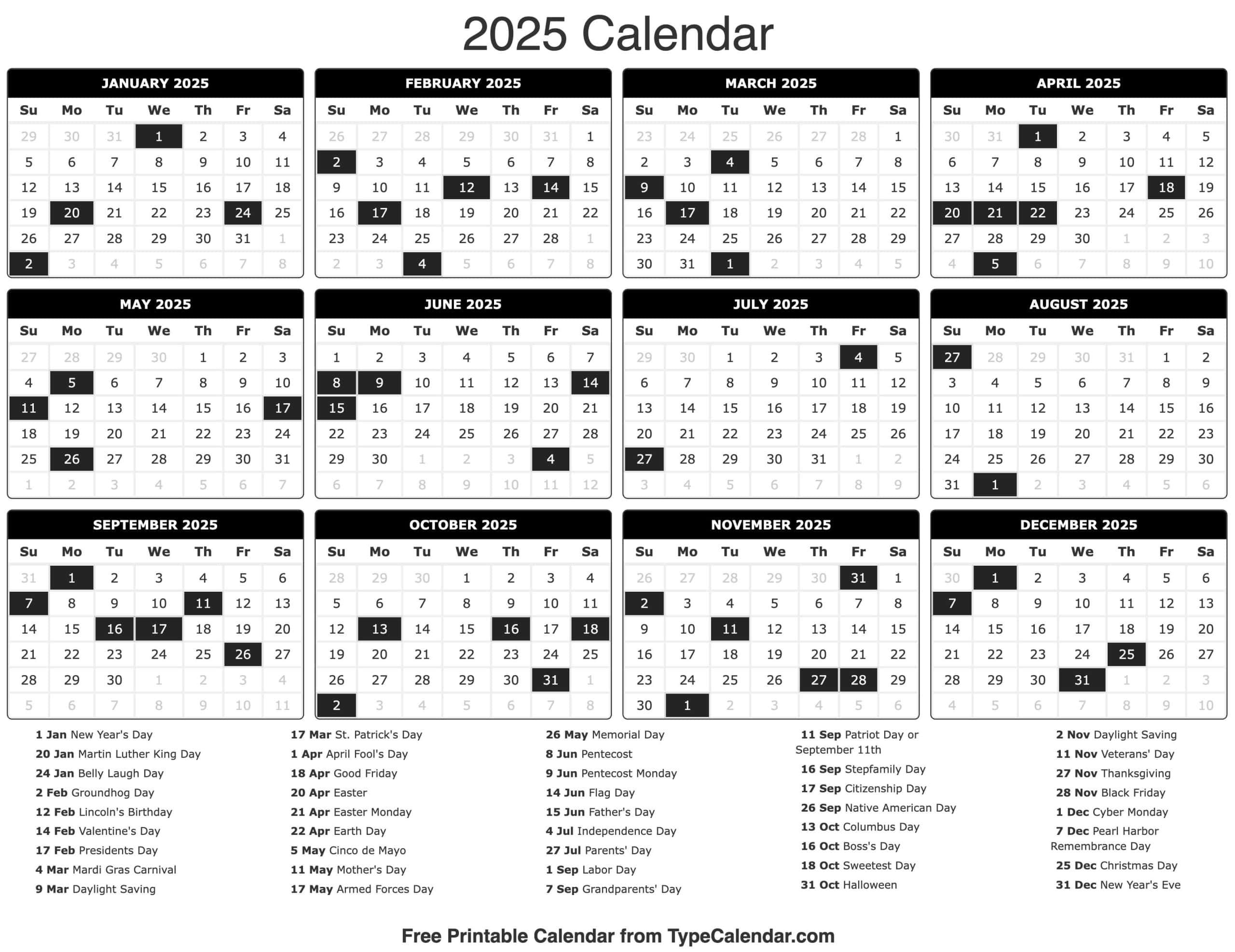 Free Printable 2025 Calendar With Holidays Easter