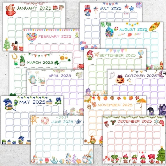 2025 Calendar Printable Cute Kids Calendar 2025 Cute Gnomes Wall Calendar Editable Calendar Kids Monthly Planner Homeschool Calendars Etsy