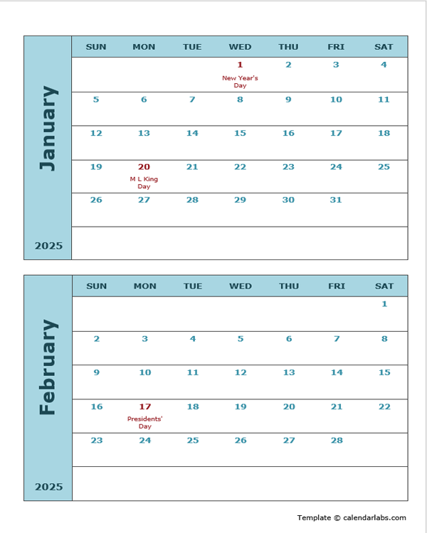 2025 Calendar Template Two Months Per Page Free Printable Templates