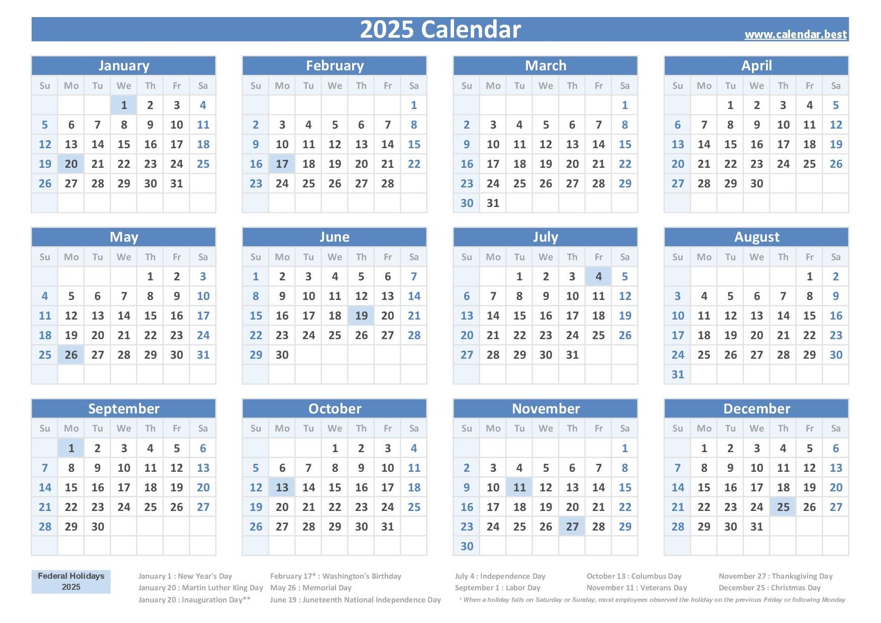 2025 Calendar With Holidays US Federal Holidays 