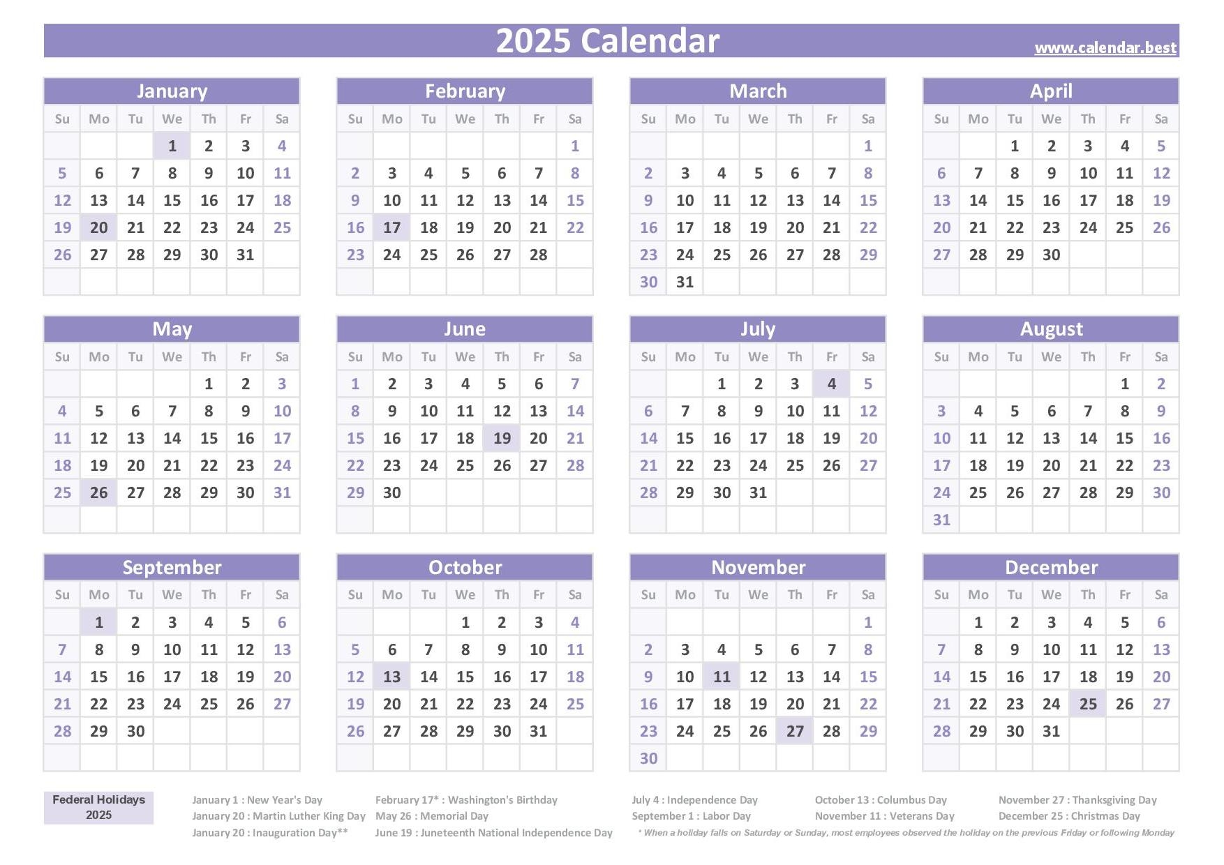 Free Printable 2025 Calendar Printable With Holidays