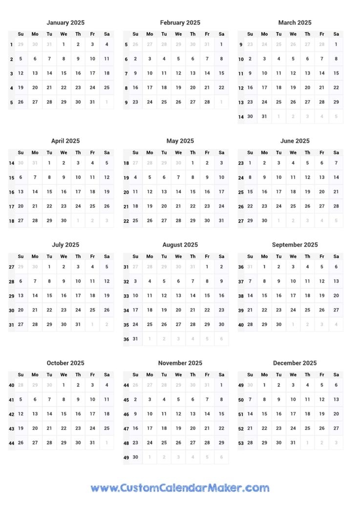 2025 Calendar With Week Numbers Custom Calendar Maker