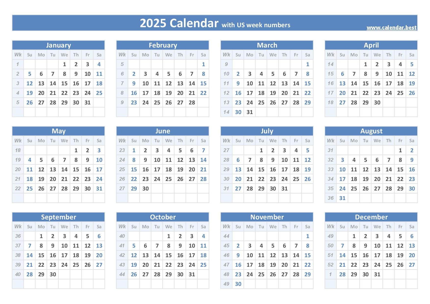 2025 Calendar With Week Numbers US And ISO Week Numbers 