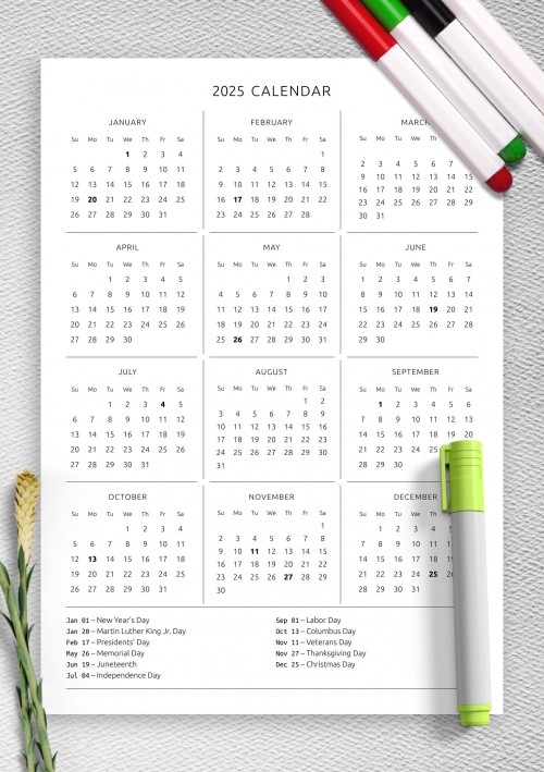 Free Printable 2025 Calendar With Holidays Bullet Journal