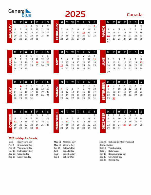 2025 Calendar Canada Printable