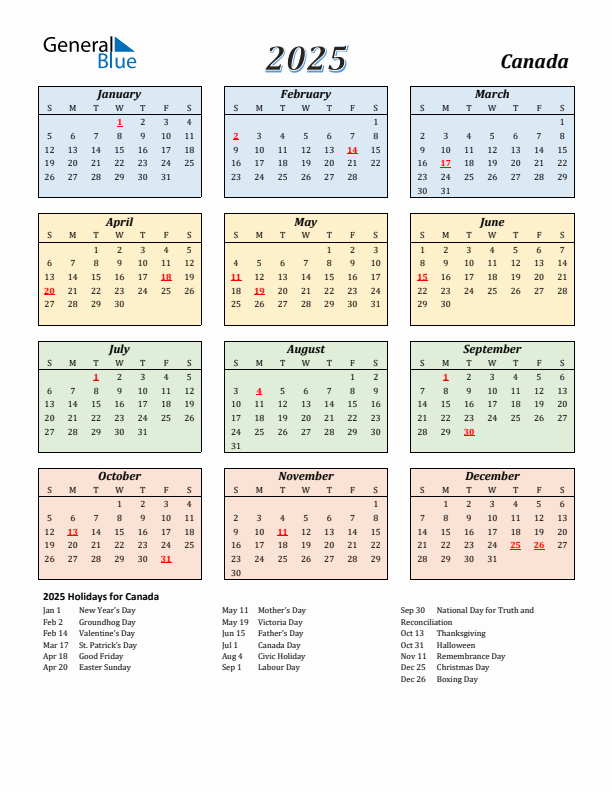 2025 Canada Calendar With Holidays