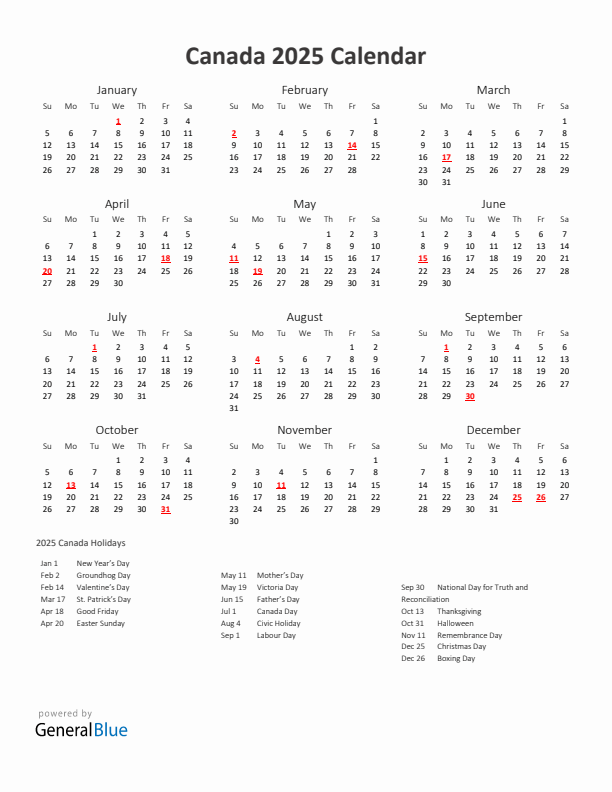 Free Printable 2025 Monthly Calendar Canada
