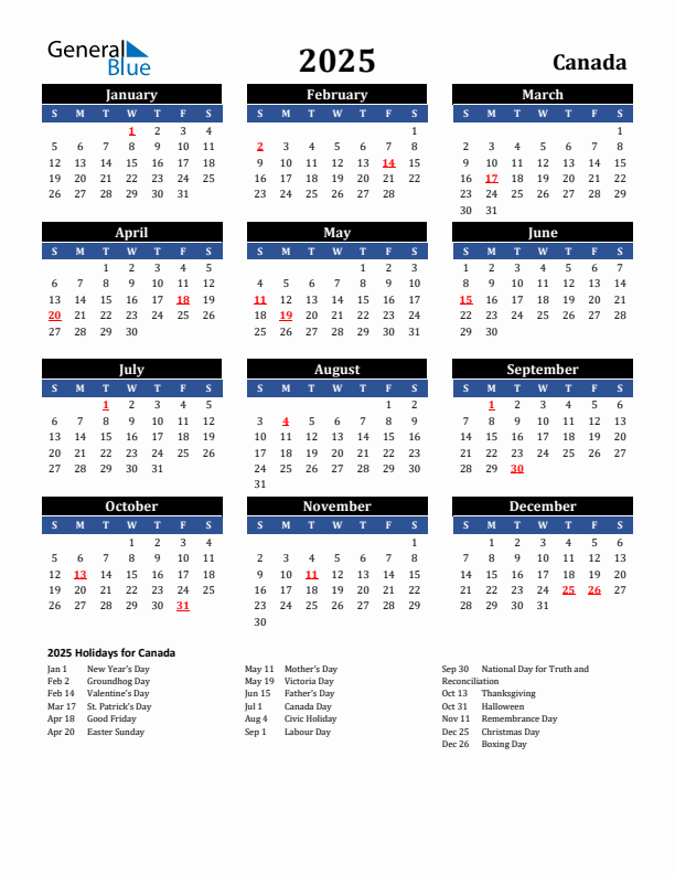Free Printable 2025 Calendar With Holidays Ontario Canada