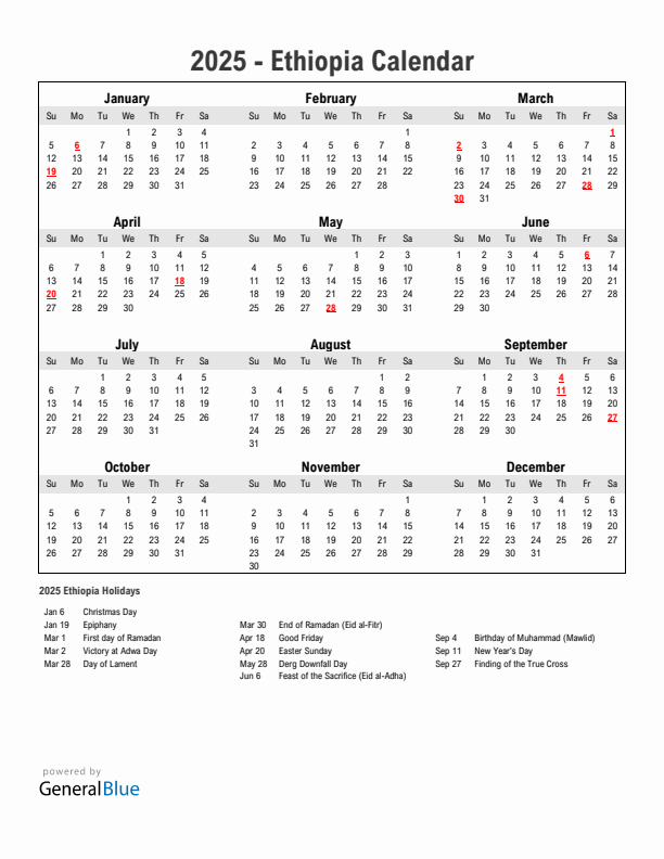 2025 Ethiopia Calendar With Holidays