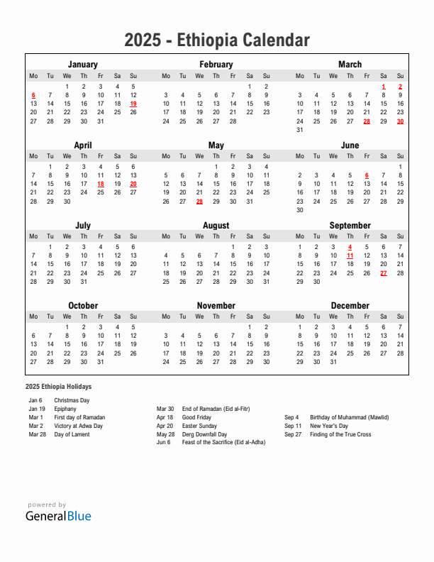 2025 Ethiopia Calendar With Holidays