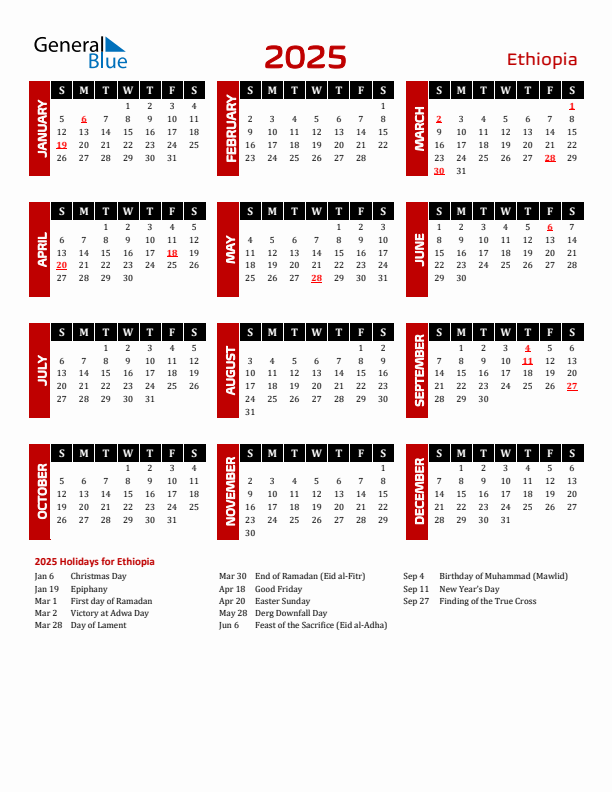 2025 Ethiopia Calendar With Holidays