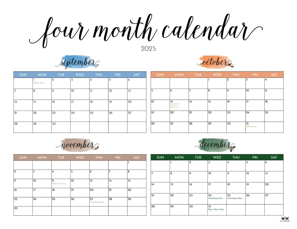 2025 Four Month Calendars 31 FREE Printables Printabulls