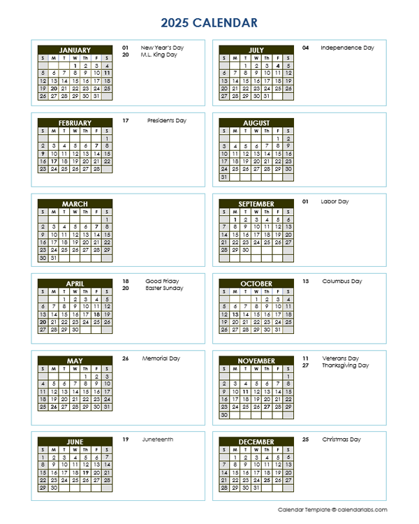 2025 Full Year Calendar Vertical Template Free Printable Templates
