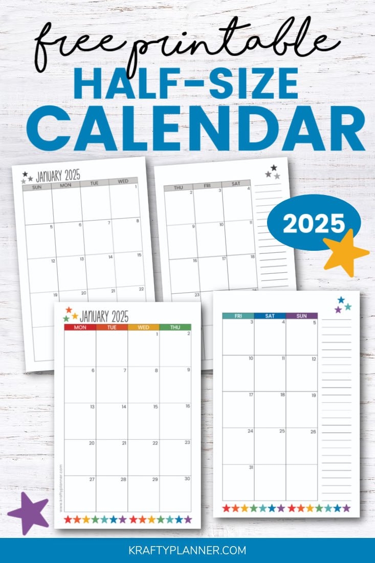2025 Half Size Calendar Free Printable Krafty Planner