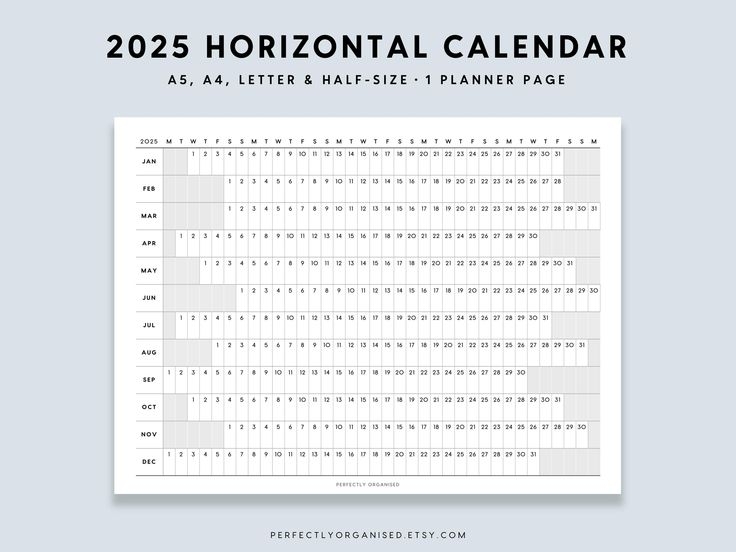 2025 Horizontal Calendar 2025 Foldout Planner 2025 Folding Calendar Classic A5 Half size A4 Letter PRINTABLE
