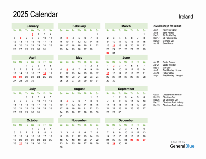 2025 Ireland Calendar With Holidays