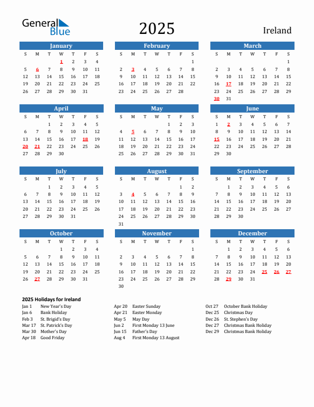 2025 Ireland Calendar With Holidays