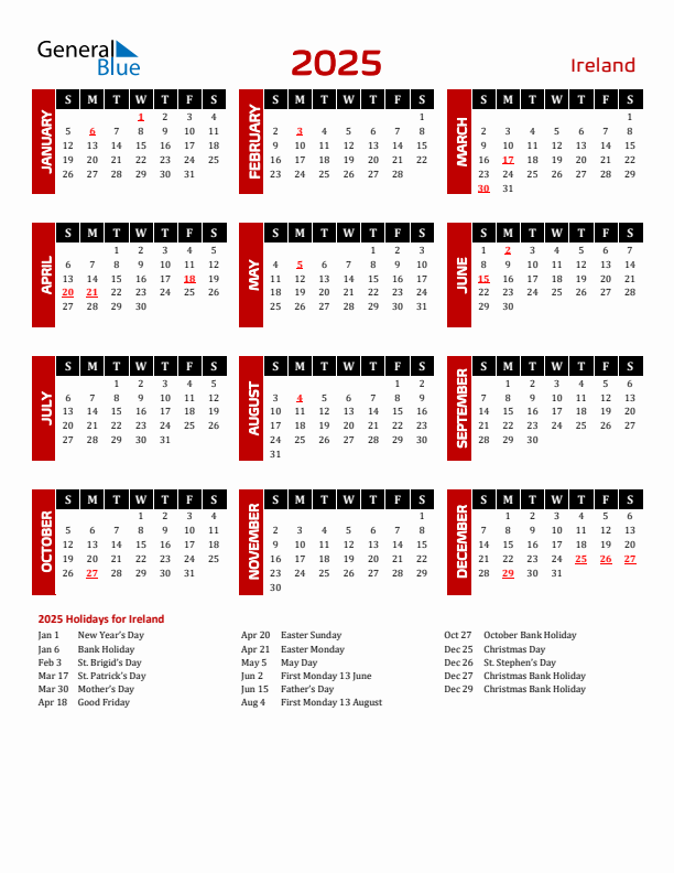 2025 Ireland Calendar With Holidays