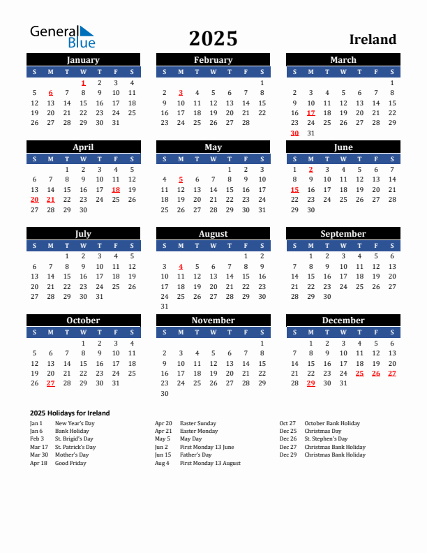 Free Printable 2025 Calendar With Holidays Ireland