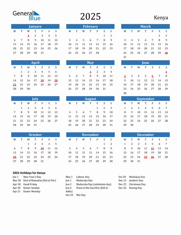 2025 Kenya Calendar With Holidays