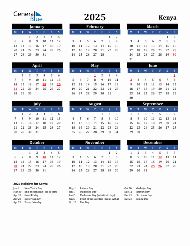 2025 Kenya Calendar With Holidays