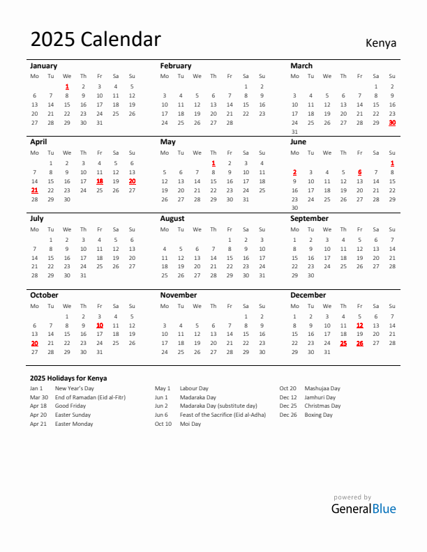 2025 Kenya Calendar With Holidays