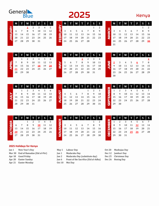 2025 Kenya Calendar With Holidays