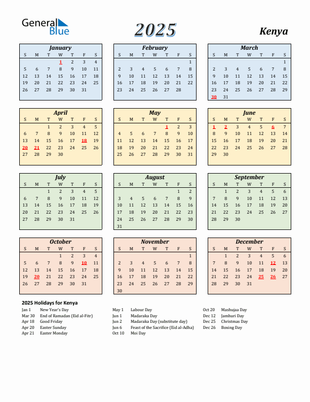 2025 Kenya Calendar With Sunday Start