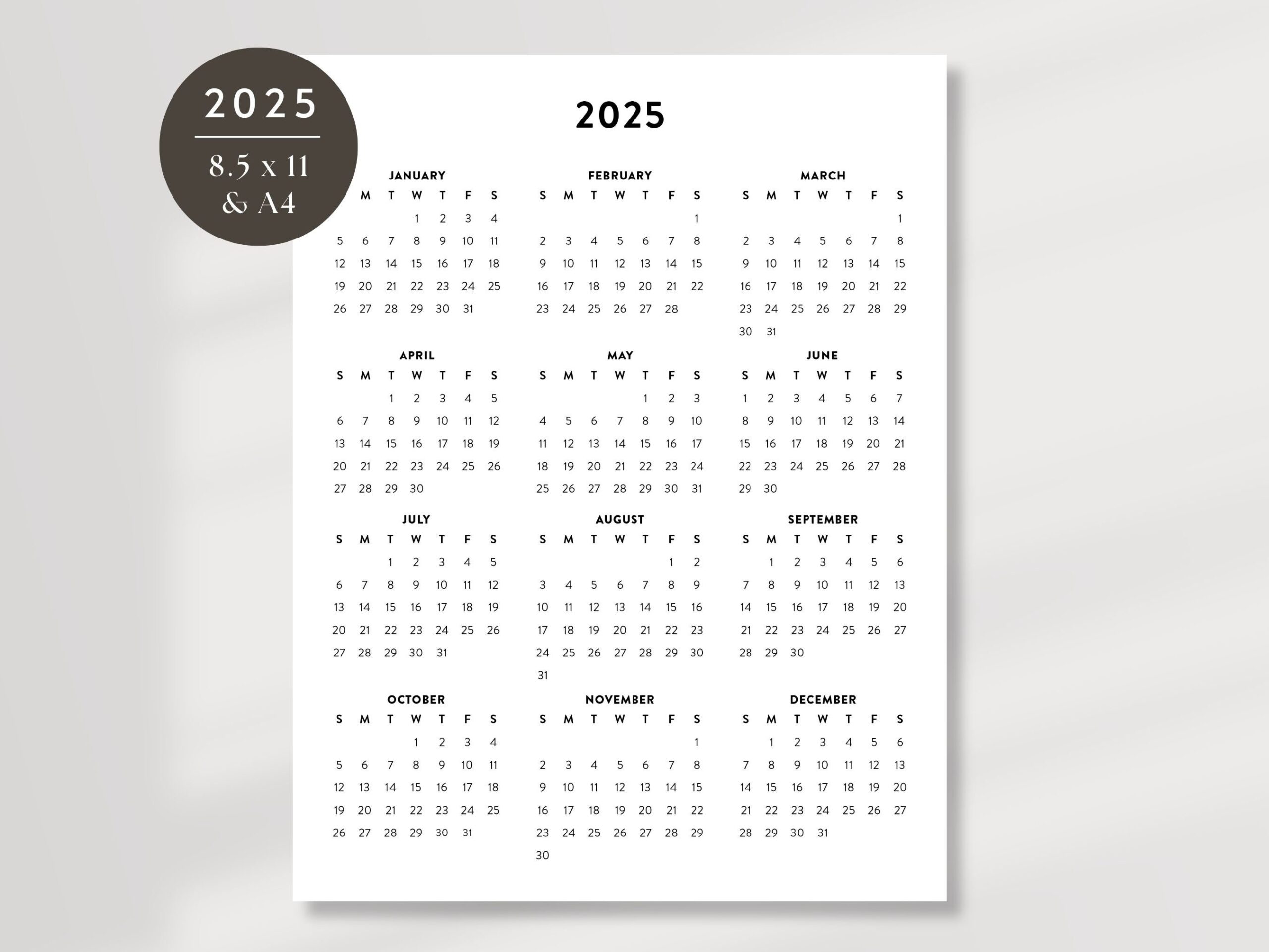 2025 Minimalist Printable Calendar 2025 Simple Planner 2025 Calendar Letter Calendar Printable Simple Calendar 8 5x11 And A4 Calendar Etsy
