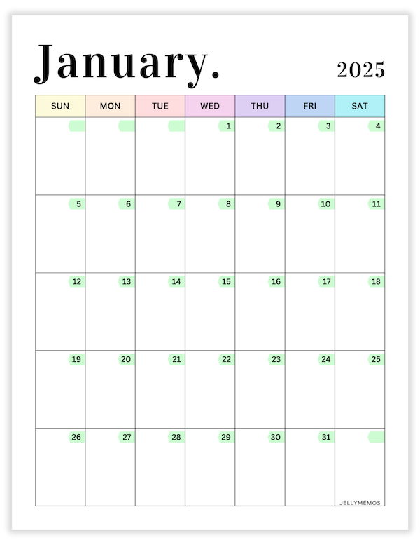 2025 Pastel Calendar Printable Monday Start U0026 Sunday Start JellyMemos
