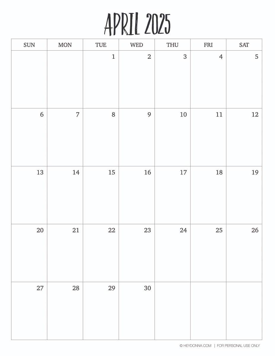 2025 Printable April Calendar FREE Hey Donna 