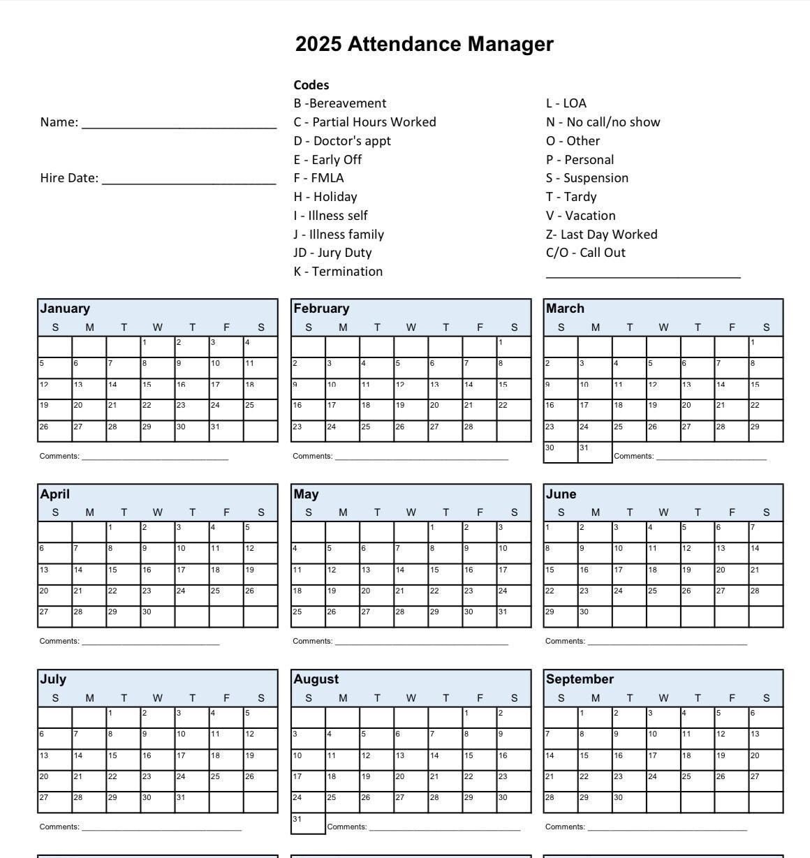 Free Printable 2025 Attendance Calendar With Holidays