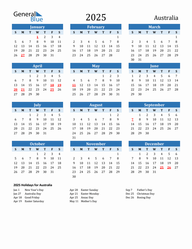 2025 Printable Calendar With Australia Holidays