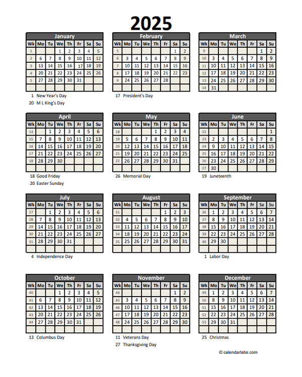 Free Printable 12 Month 2025 Calendar With Holidays Word Download