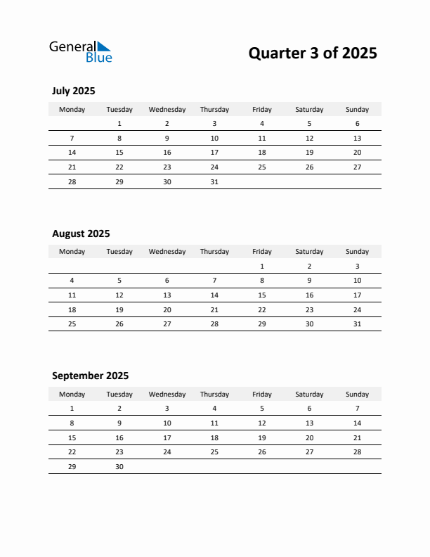 3 Month Calendar July August September 2025